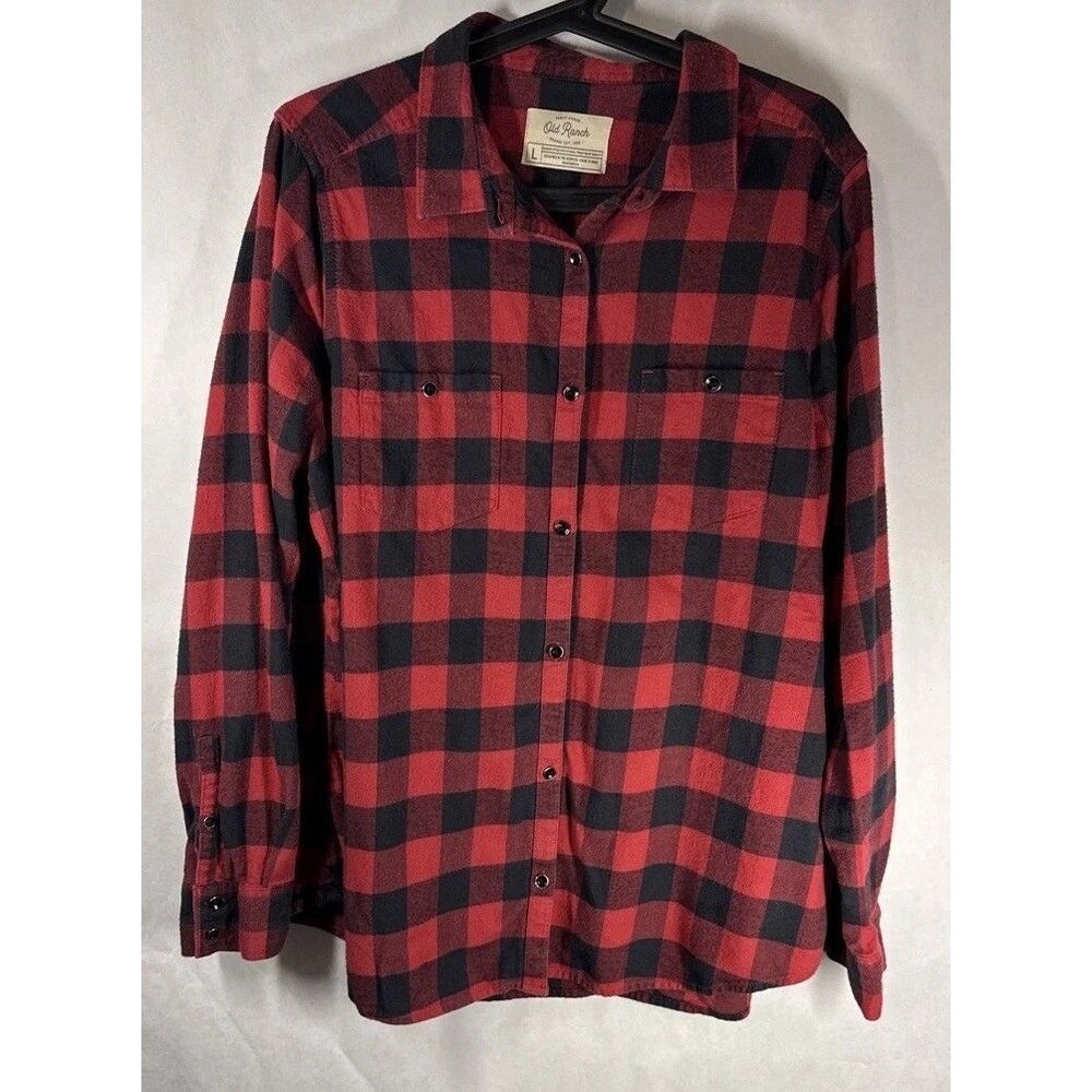 Old Ranch Buffalo Mens L Red Black Plaid Long Sleeve Cotton Chest Pockets